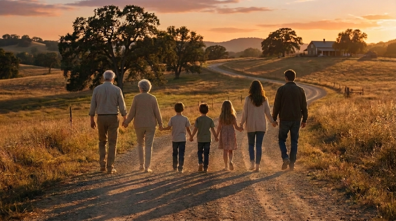 Família de várias gerações caminhando juntas em estrada de campo ao entardecer — uma família para pertencer.