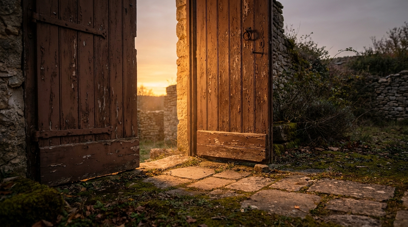 Porta de madeira entreaberta com luz dourada ao fundo — boas-vindas da IBBJ.