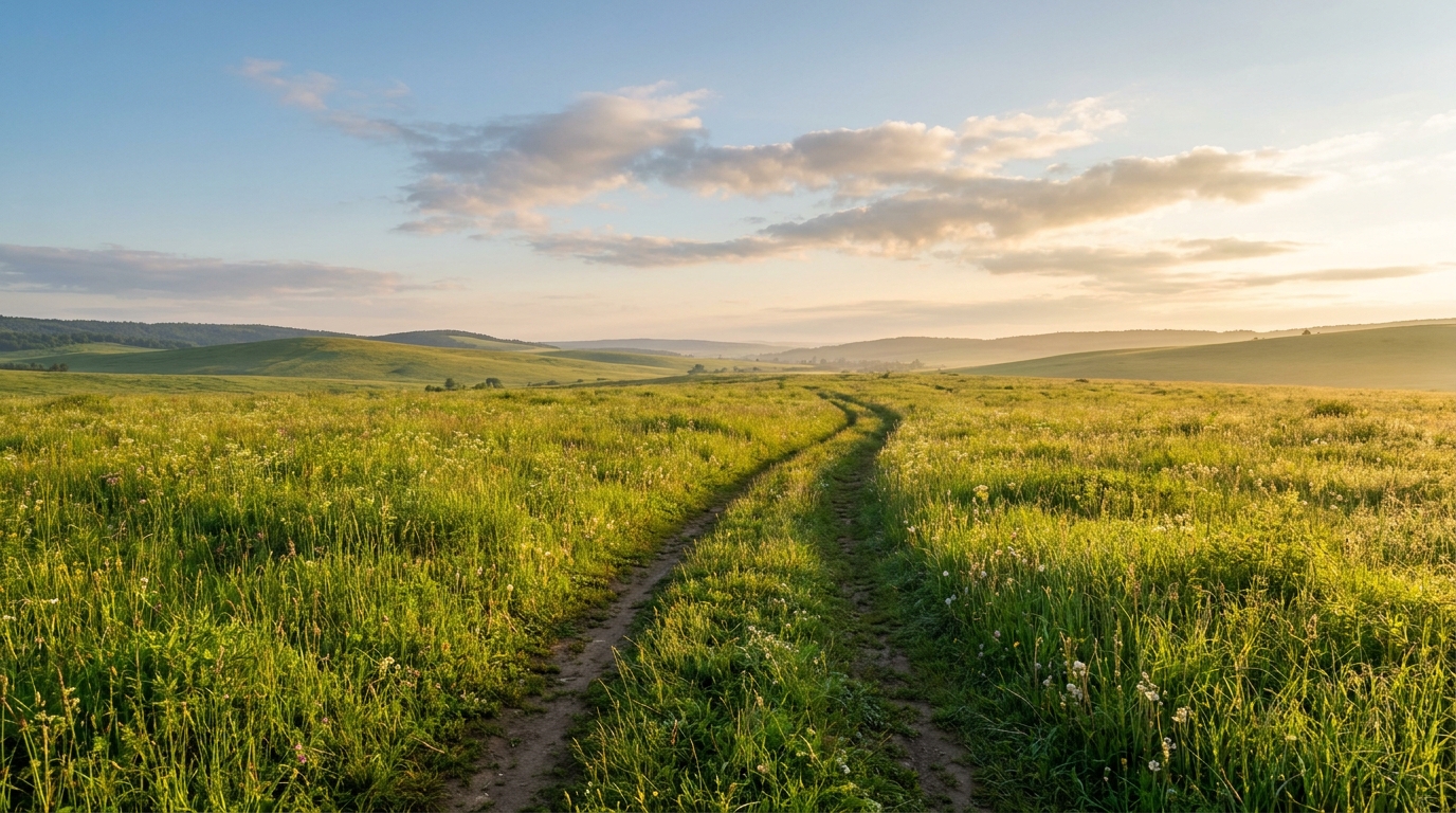 Pasto verde com caminho aberto sob céu límpido — generosidade e gratidão a Deus.